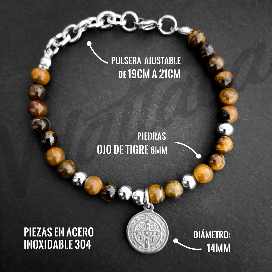 Pulsera San Benito Ojo de Tigre 6mm Acero Inoxidable – Ajustable - Imagen 3