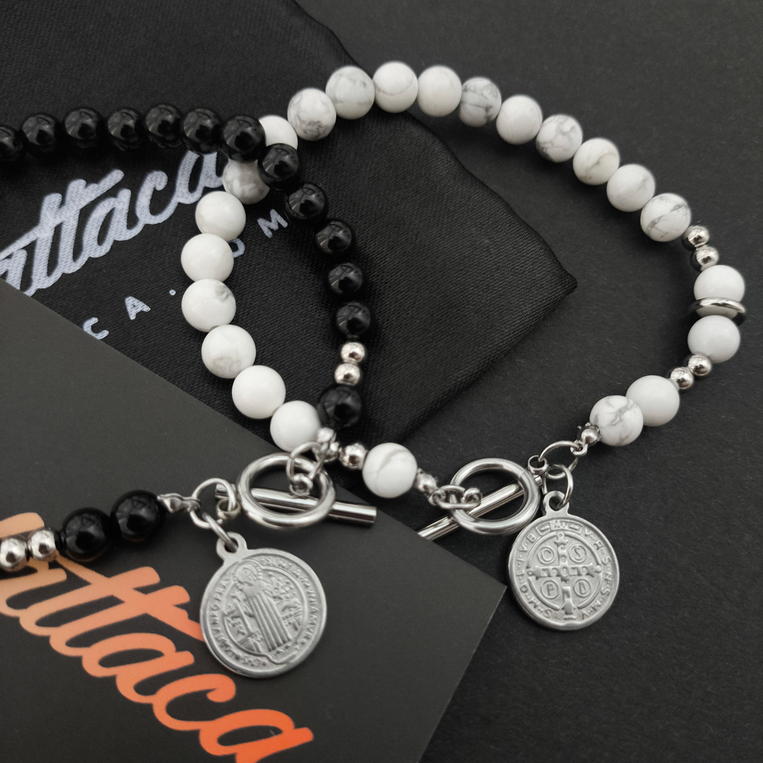 Pulsera San Benito Howlita Blanca 6mm + Acero Inoxidable - Imagen 5