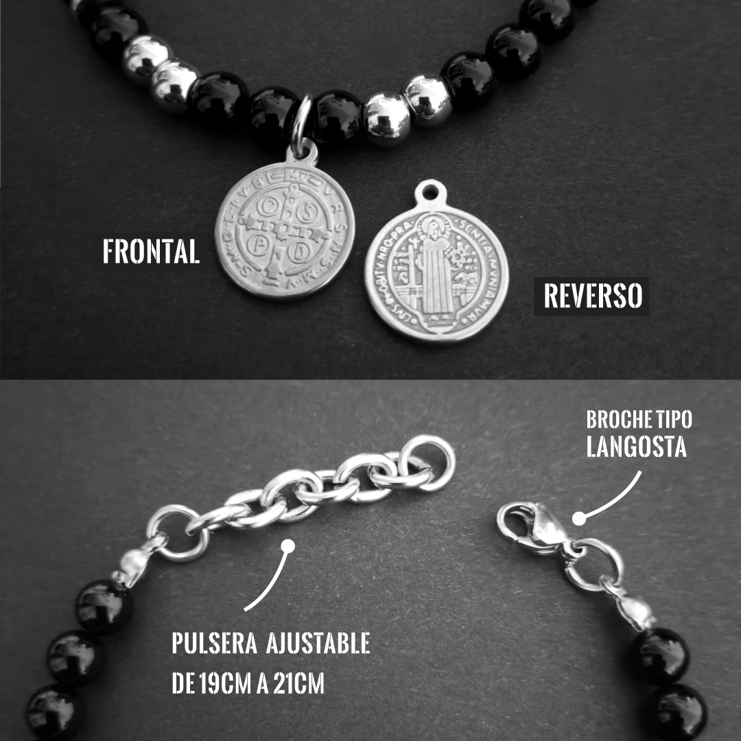 Pulsera San Benito Obsidiana 6mm + Acero Inoxidable – Ajustable - Imagen 4