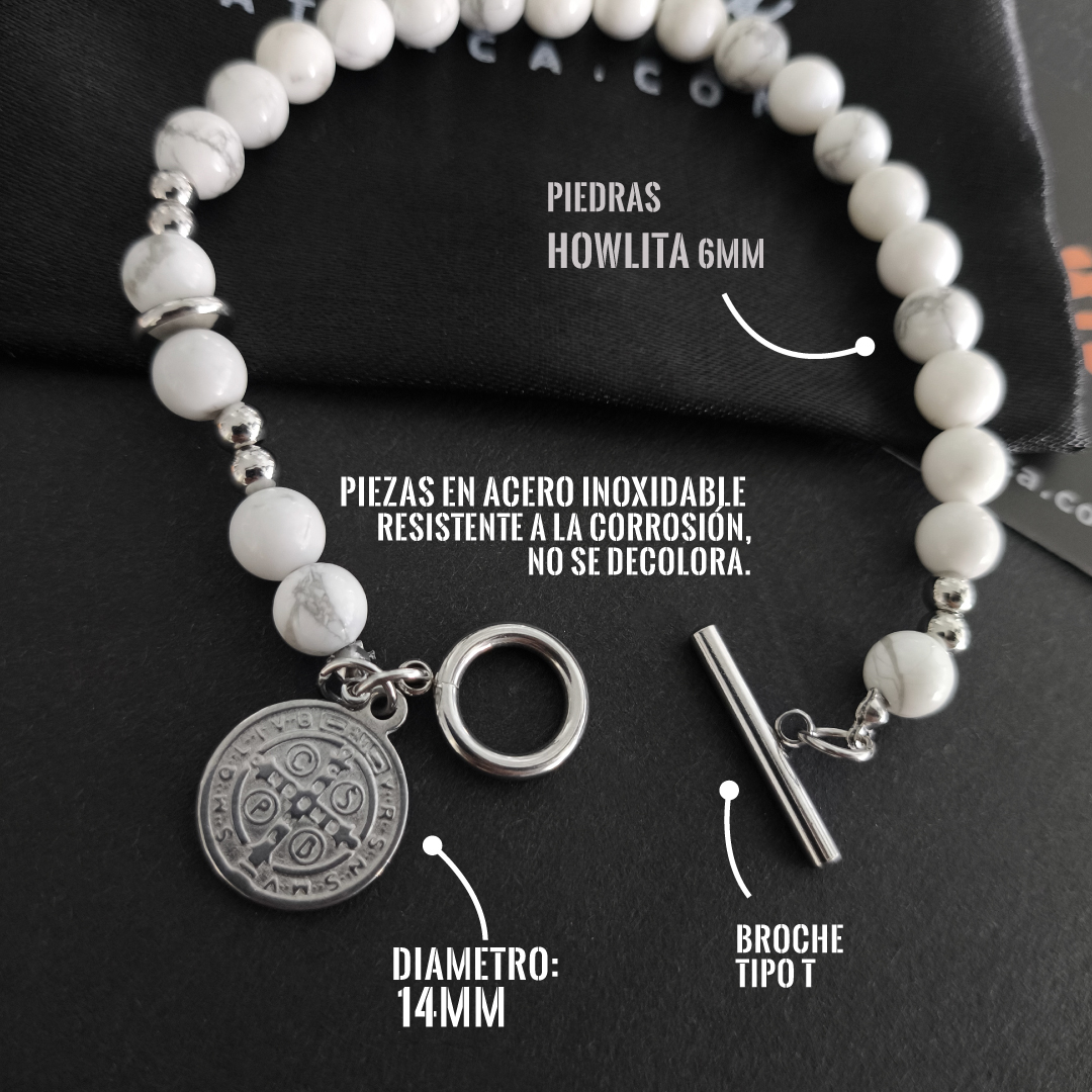 Pulsera San Benito Howlita Blanca 6mm + Acero Inoxidable - Imagen 3