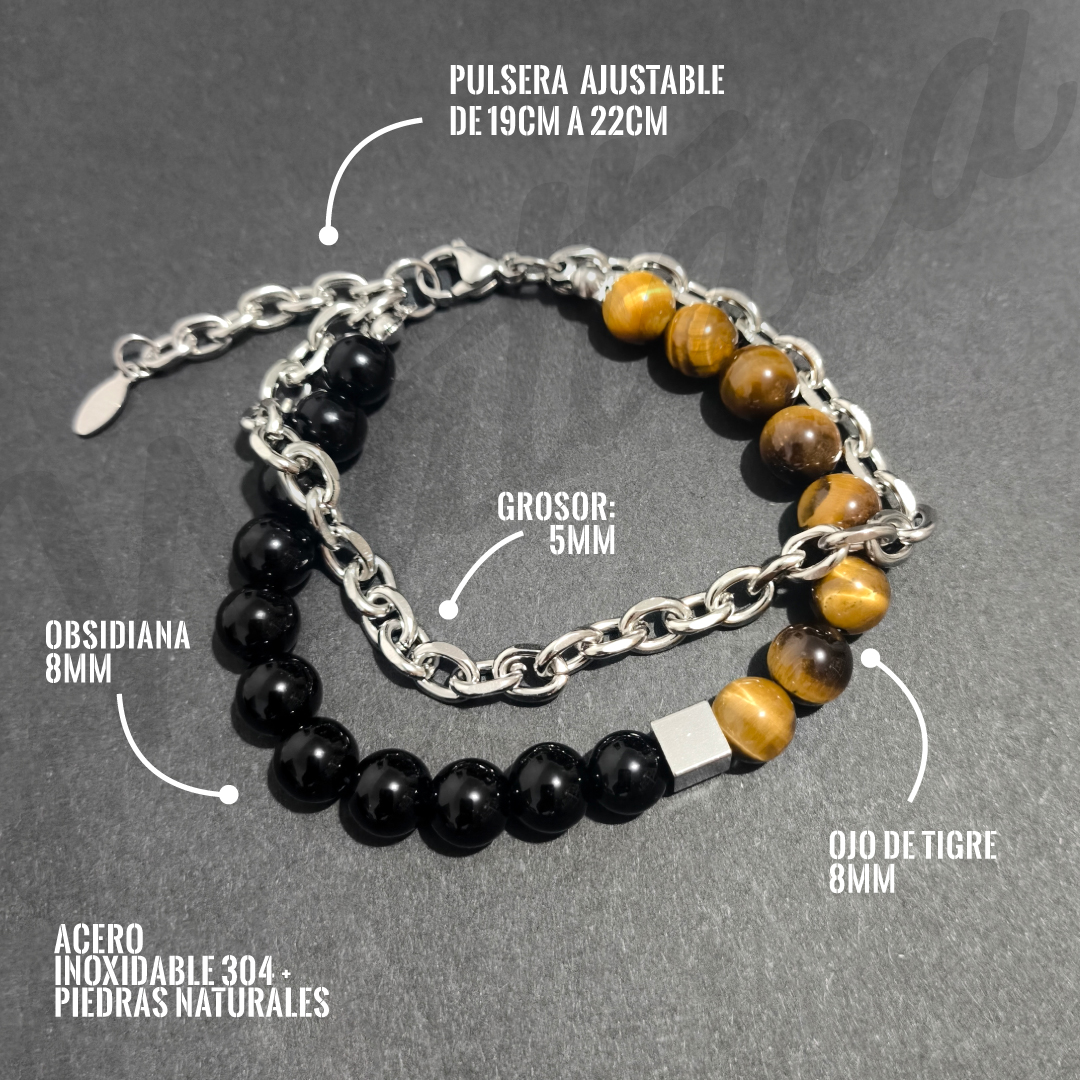 Pulsera Doble Jasón Ojo de Tigre Obsidiana Acero Inoxidable - Imagen 3