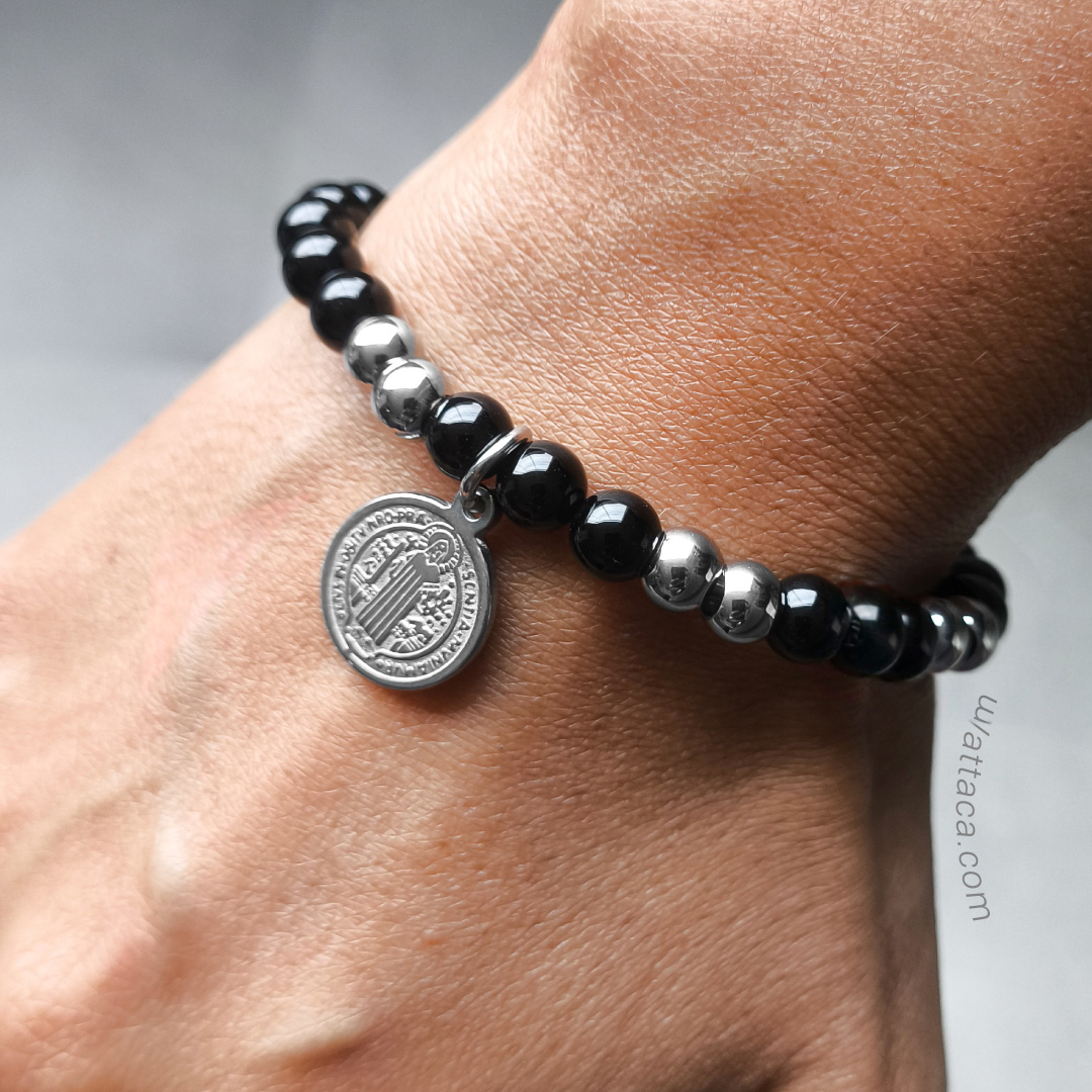Pulsera San Benito Obsidiana 6mm + Acero Inoxidable – Ajustable - Imagen 2