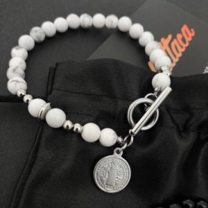 Pulsera San Benito Howlita Blanca + Acero Inoxidable