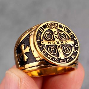 Anillo San Benito Abad Gold Vintage Acero Premium 316L