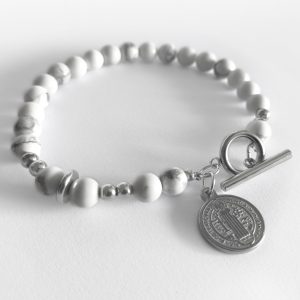 Pulsera San Benito Howlita Blanca 6mm + Acero Inoxidable