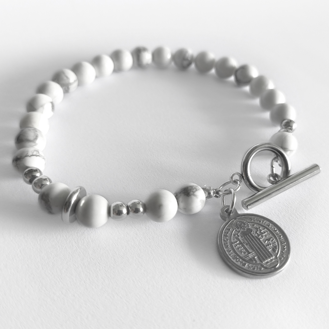 Pulsera San Benito Howlita Blanca 6mm + Acero Inoxidable