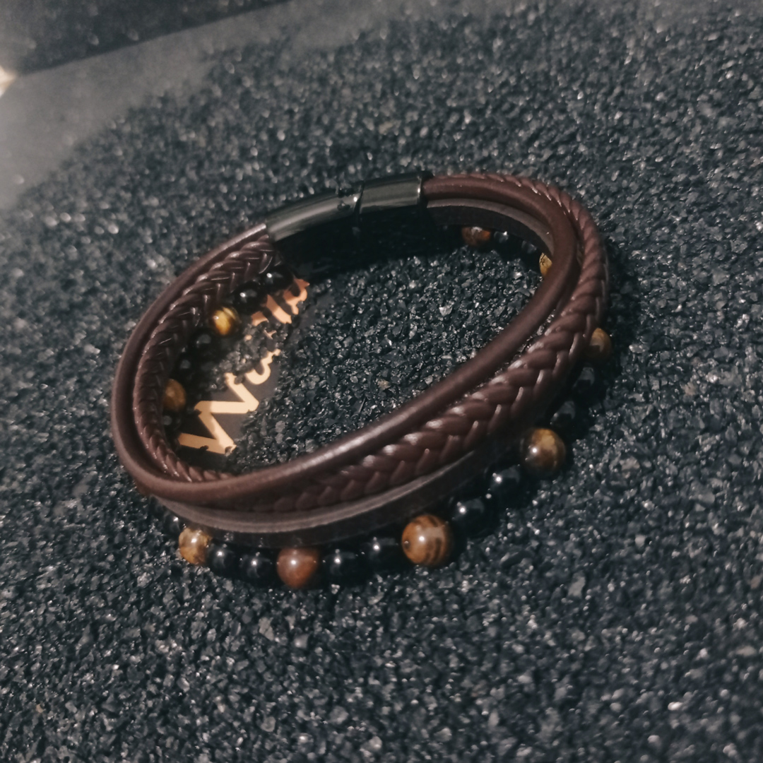 Pulsera Knut Marrón Cuero, Ojo de Tigre, Onix, Acero Inoxidable - Imagen 5