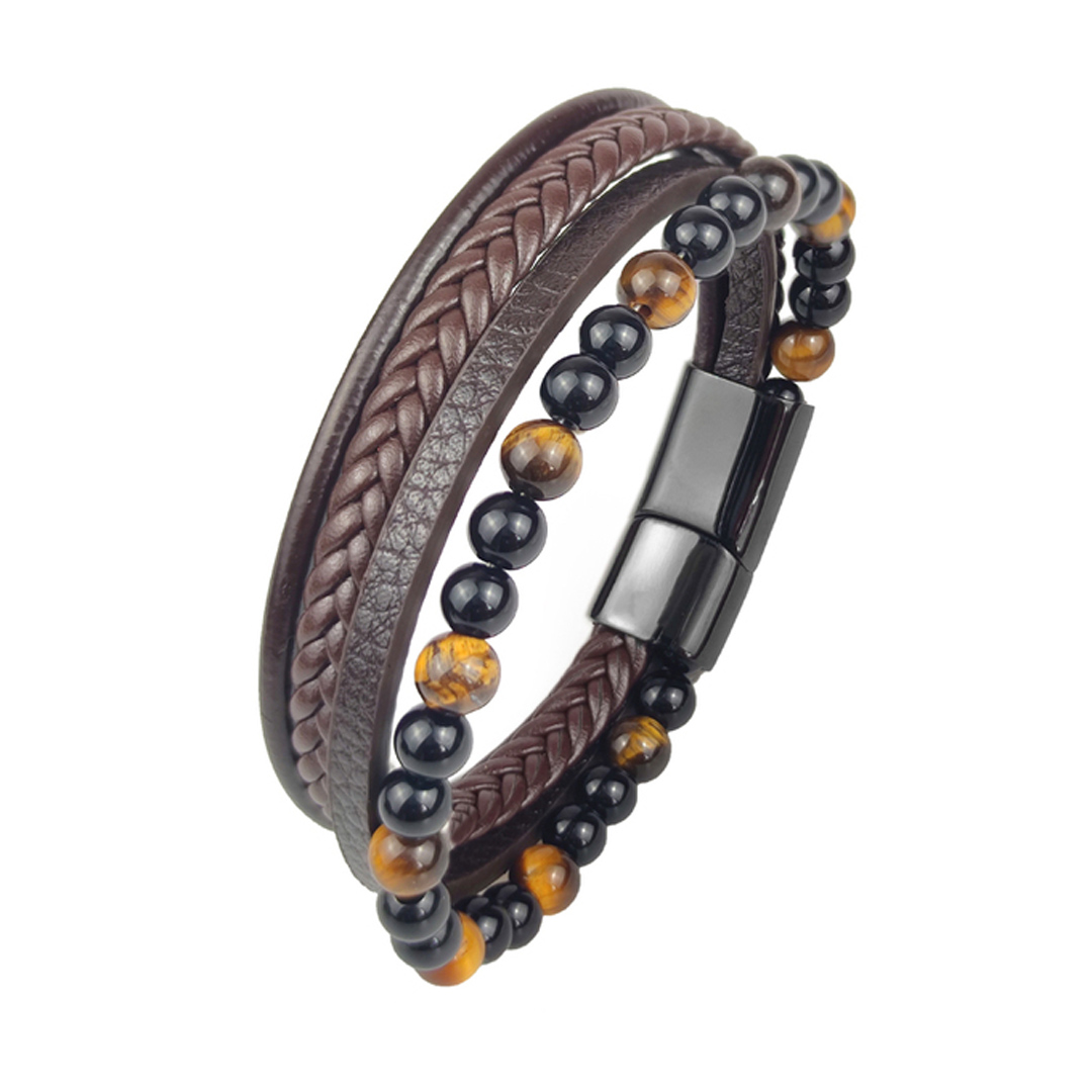 Pulsera Knut Marrón Cuero, Ojo de Tigre, Onix, Acero Inoxidable - Imagen 2