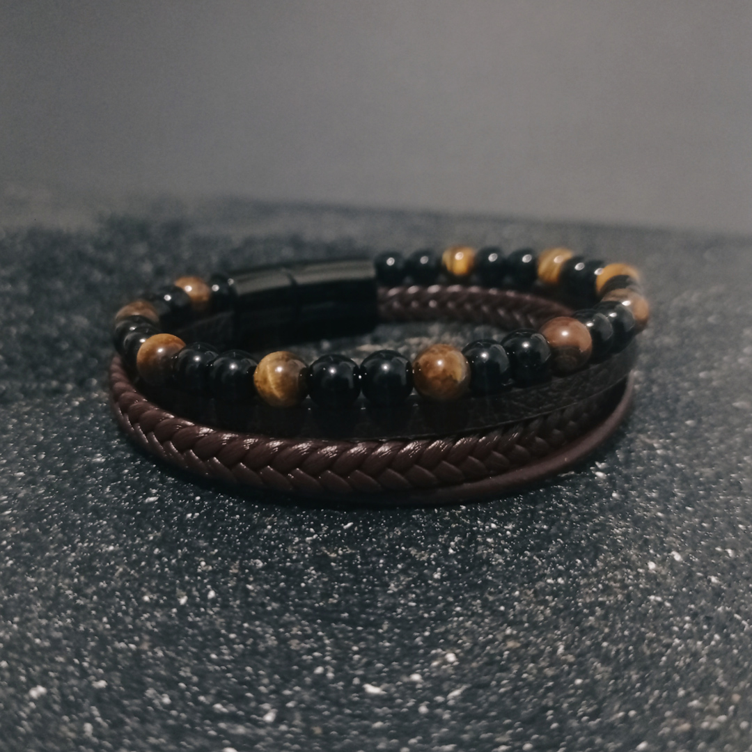 Pulsera Knut Marrón Cuero, Ojo de Tigre, Onix, Acero Inoxidable - Imagen 6