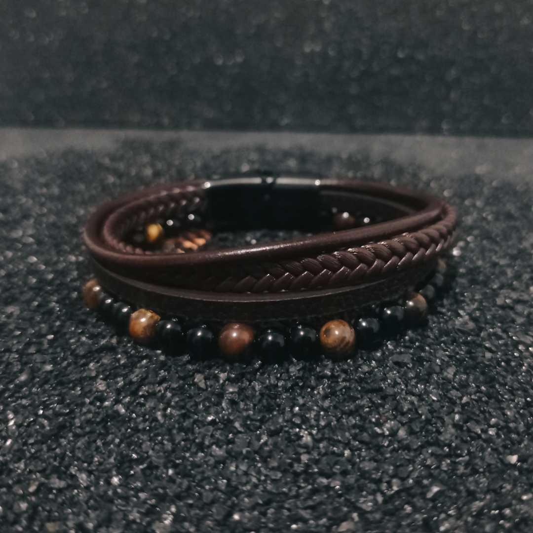 Pulsera Knut Marrón Cuero, Ojo de Tigre, Onix, Acero Inoxidable - Imagen 4