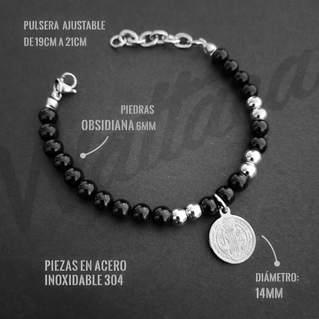 Pulsera San Benito Obsidiana 6mm + Acero Inoxidable – Ajustable - Imagen 3