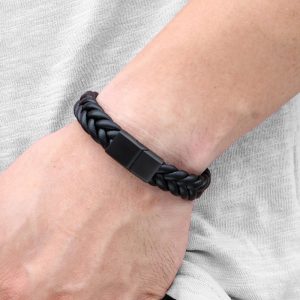 Pulsera Leander – Cuero Genuino Trenzado, Acero Inoxidable