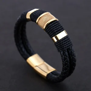 Pulsera Esben Gold Cuero Trenzado, Acero Inoxidable