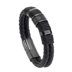 Pulsera Esben Negro Cuero Trenzado, Acero Inoxidable