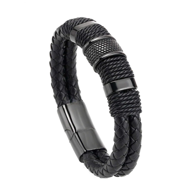 Pulsera Esben Negro Cuero Trenzado, Acero Inoxidable - Imagen 2