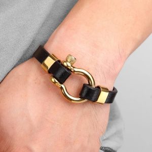 Pulsera Grillete Gold Cuero Premium Acero Inoxidable