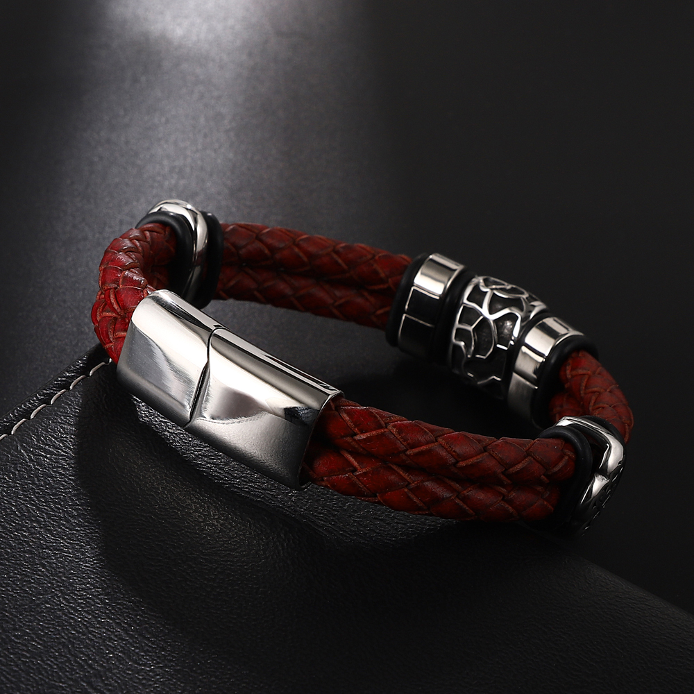 Pulsera Winchester Vinotinto Cuero Genuino Trenzado, Acero Inoxidable - Imagen 5