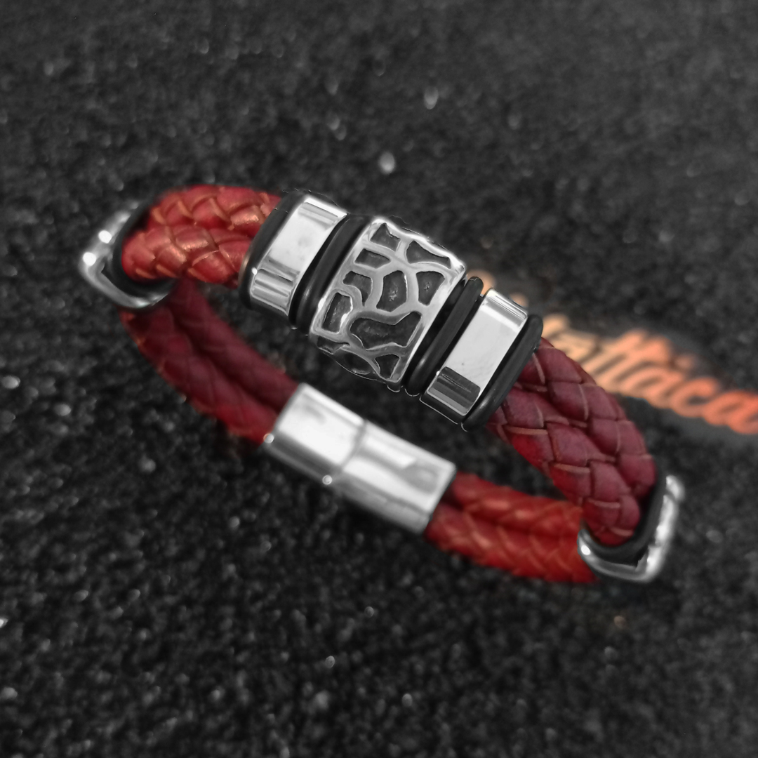 Pulsera Winchester Vinotinto Cuero Genuino Trenzado, Acero Inoxidable - Imagen 2