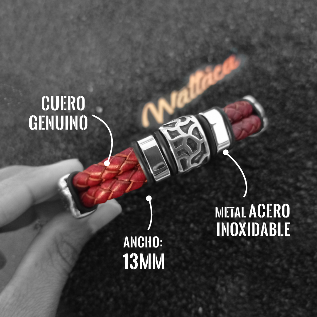 Pulsera Winchester Vinotinto Cuero Genuino Trenzado, Acero Inoxidable - Imagen 3