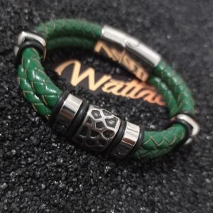 Pulsera Winchester Cuero Genuino Trenzado, Acero Inoxidable